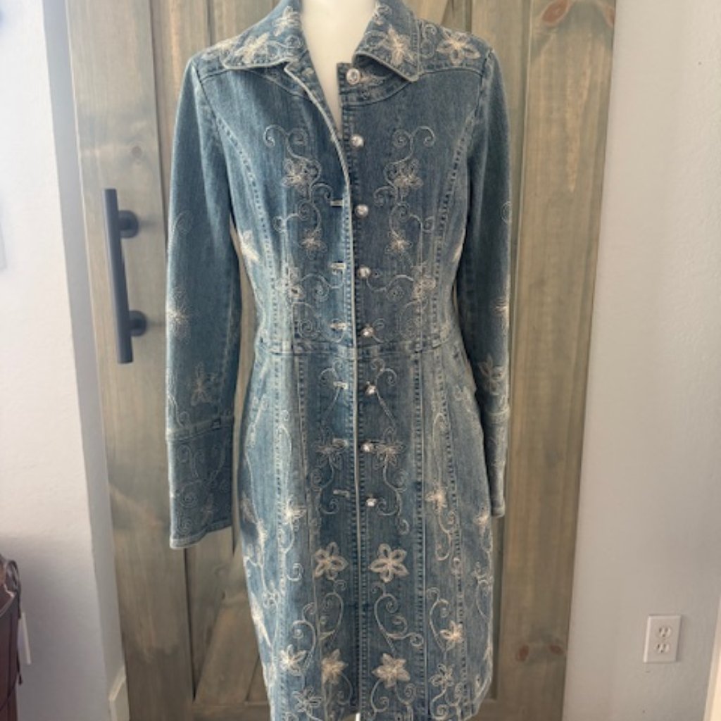 Cache Woman Long Jean Jacket Vintage Blue Denim Light Wash 90s Y2k Light Wash M